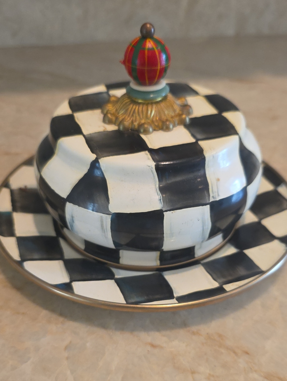 MacKenzie-Childs Black & White Check Cheese Dish with Tartan Knob
